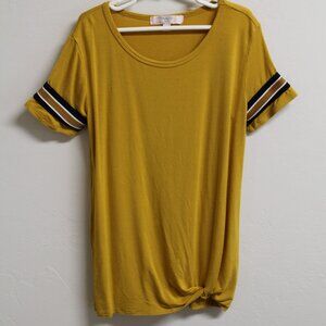 Moa Moa girls golden yellow shirt with black and white striped sleeves size XL